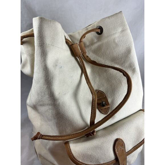 GH Bass Canvas Backpack Rucksack Drawstring Closure Bucket Style Leather Trim - Picture 2 of 13